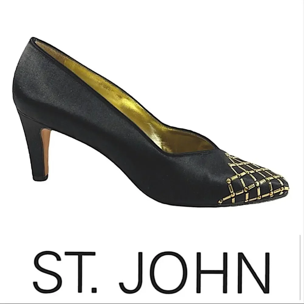 ST JOHN BLACK Vintage Satin Evening Shoes with Gold lattice design on Toe SZ 7